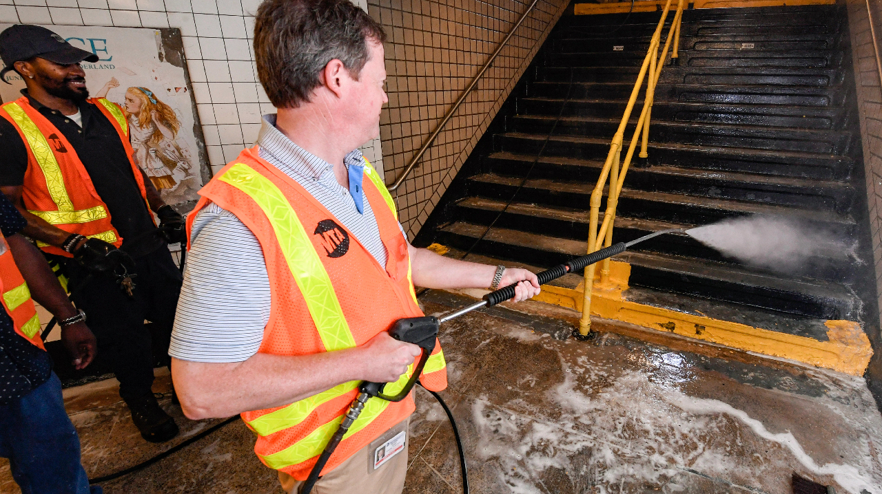 Crews deep cleaning a MTA station