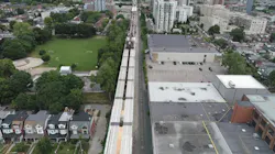 Looking down at the elevated guideway, with girders installed in the foreground. Looking down at the elevated guideway, with girders installed in the foreground.