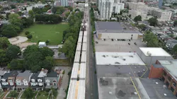Looking down at the elevated guideway, with girders installed in the foreground. Looking down at the elevated guideway, with girders installed in the foreground.