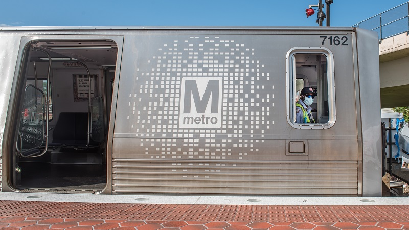 A 7000-series railcar at Falls Church Station.