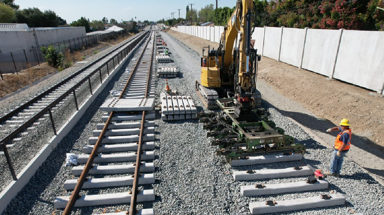 Crews installing light-rail tracks in Glendora.