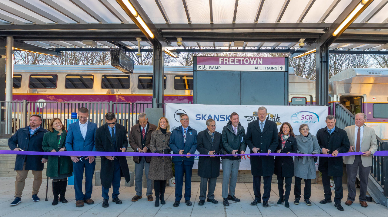 Gov. of Massachusetts Charlie Baker, Massachusetts Transportation Secretary and CEO Jamey Tesler and MBTA General Manager Steve Poftak were joined by elected leaders and community partners to celebrate the substantial completion of the $159 million contract for South Coast Rail Main Line construction at a ribbon-cutting event at the brand-new Freetown Commuter Rail Station.