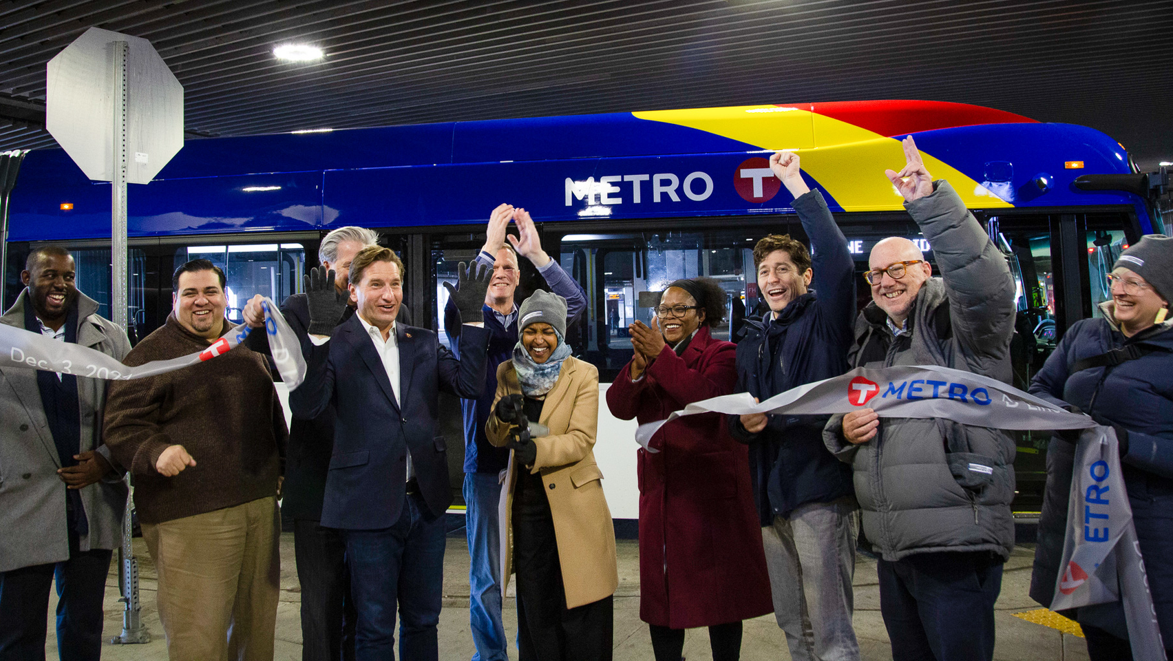 Officials celebrate the opening of Metro Transit's fifth BRT line, the D Line, which will connect two major transit hubs - Mall of America to Brooklyn Transit Center - along an 18-mile corridor.