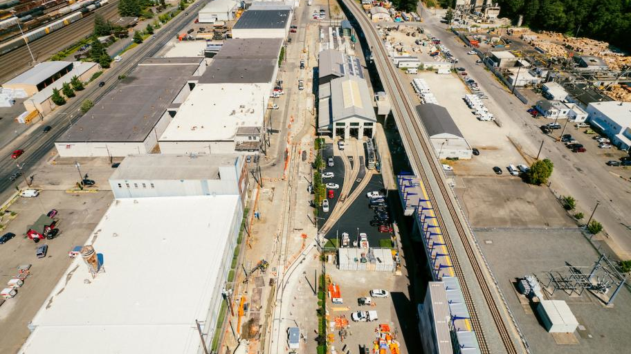 Aerial view of the Tacoma Link Operations and Maintenance Base from summer of 2021.