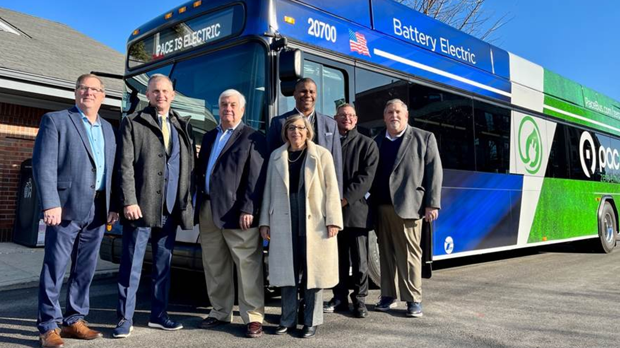 (L-R) Pace Chairman Rick Kwasneski, Congressman Sean Casten, Pace Director Tom Marcucci, Pace Executive Director Melinda Metzger, Metra Director Wes Becton, Metra CEO James Derwinski, Metra Director Stephen Palmer