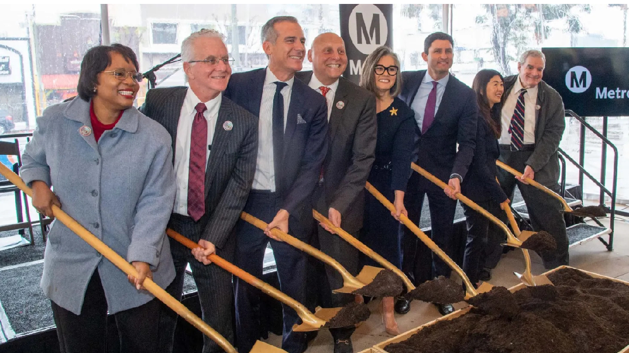 From left to right: Stephanie Wiggins, L.A. Metro CEO; Paul Krekorian, L.A. city council president; Eric Garcetti, L.A. city mayor; Ara J. Najarian, Glendale city council member and L.A. Metro board chair; Monica Rodriguez, L.A. city council member; Jesse Gabriel, state assembly member; Charlene Lee Lorenzo, director of FTA region 9; Tony Wilkinson, Panorama City neighborhood council board member.