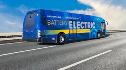 A Proterra ZX5 electric-bus on the road. A Proterra ZX5 electric-bus on the road.