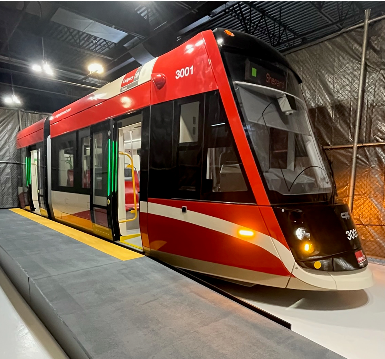 A mock-up of Calgary's Green Line LRVs was unveiled in late November. The mock-up will validate technical requirements and the cab has been designed to split from the rest of the mock-up to be used for training future train operators.