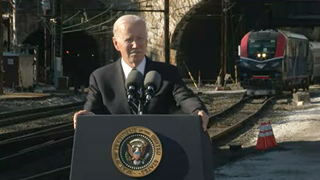 President Joe Biden speaks at an event in front of the north portal of the B&P Tunnel in Baltimore, Md.