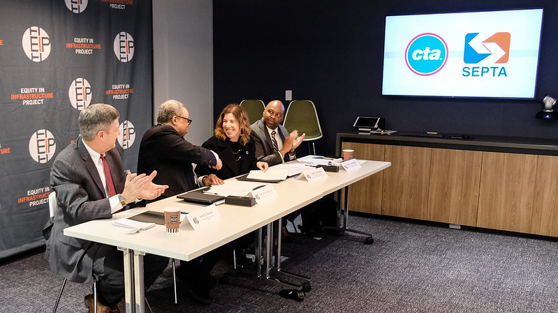 Left to right: John Pocari, co-founder of EIP, Dorval Carter Jr., president of CTA, Leslie Richards, CEO and general manager of SEPTA and Phil Washington, co-founder of EIP and CEO of Denver International Airport join together at an event hosted by AASHTO to sign a reciprocity agreement that will benefit historically underutilized businesses.