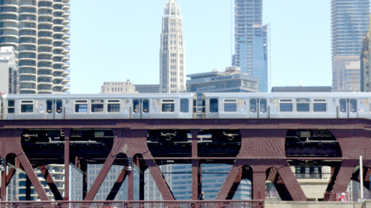Train on Wells Street Bridge.