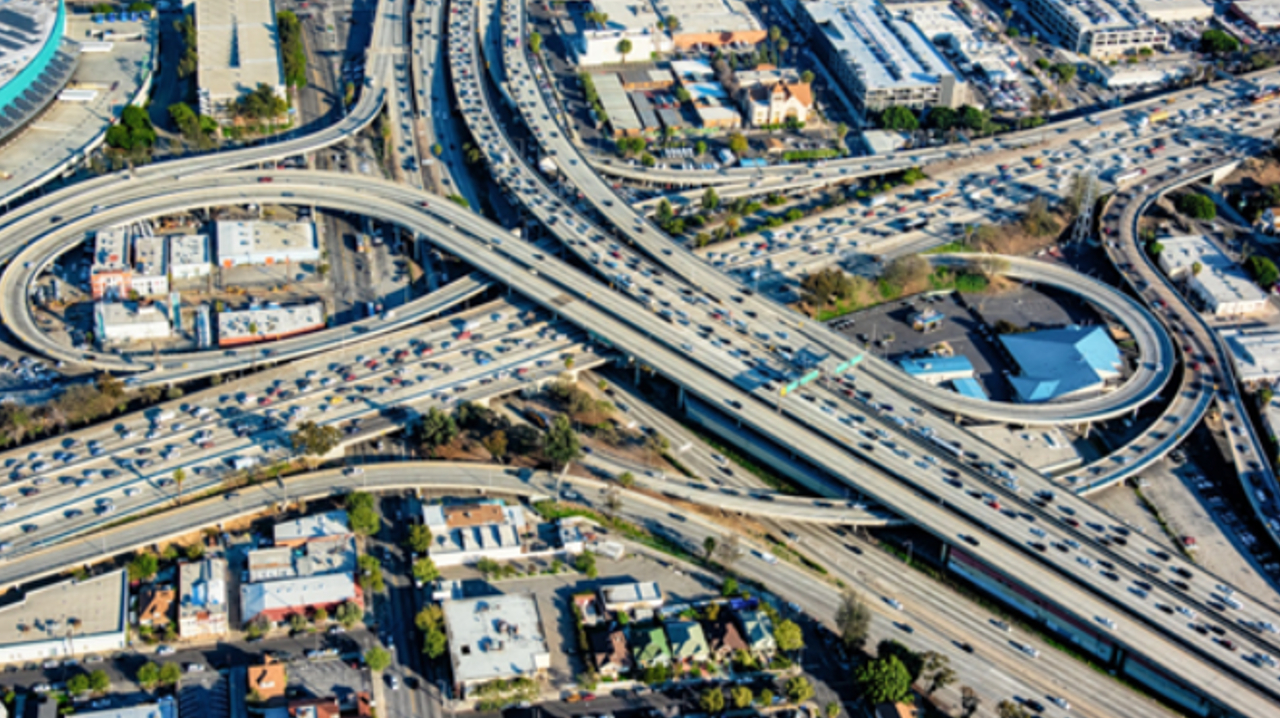 The connection of Interstates 10 and 101 near downtown Los Angeles, Calif. during rush hour.