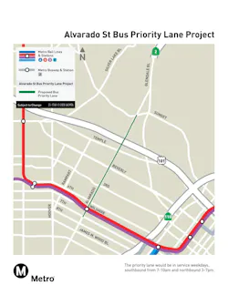 The map of the bus priority lane on Alvarado Street between the 101 freeway and Sunset Boulevard The map of the bus priority lane on Alvarado Street between the 101 freeway and Sunset Boulevard