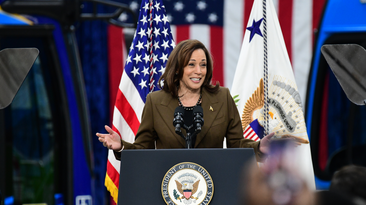 U.S. Vice President Kamala Harris speaks at NFI's St. Cloud facility.