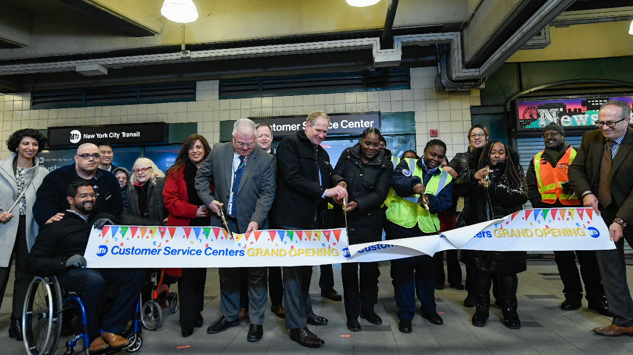 MTA Chair & CEO Janno Lieber, Chief Customer Officer Shanifah Rieara, Chief Accessibility Officer Quemuel Arroyo, and NYC Transit President Richard Davey open the first satellite Customer Service Center at Stillwell Terminal.