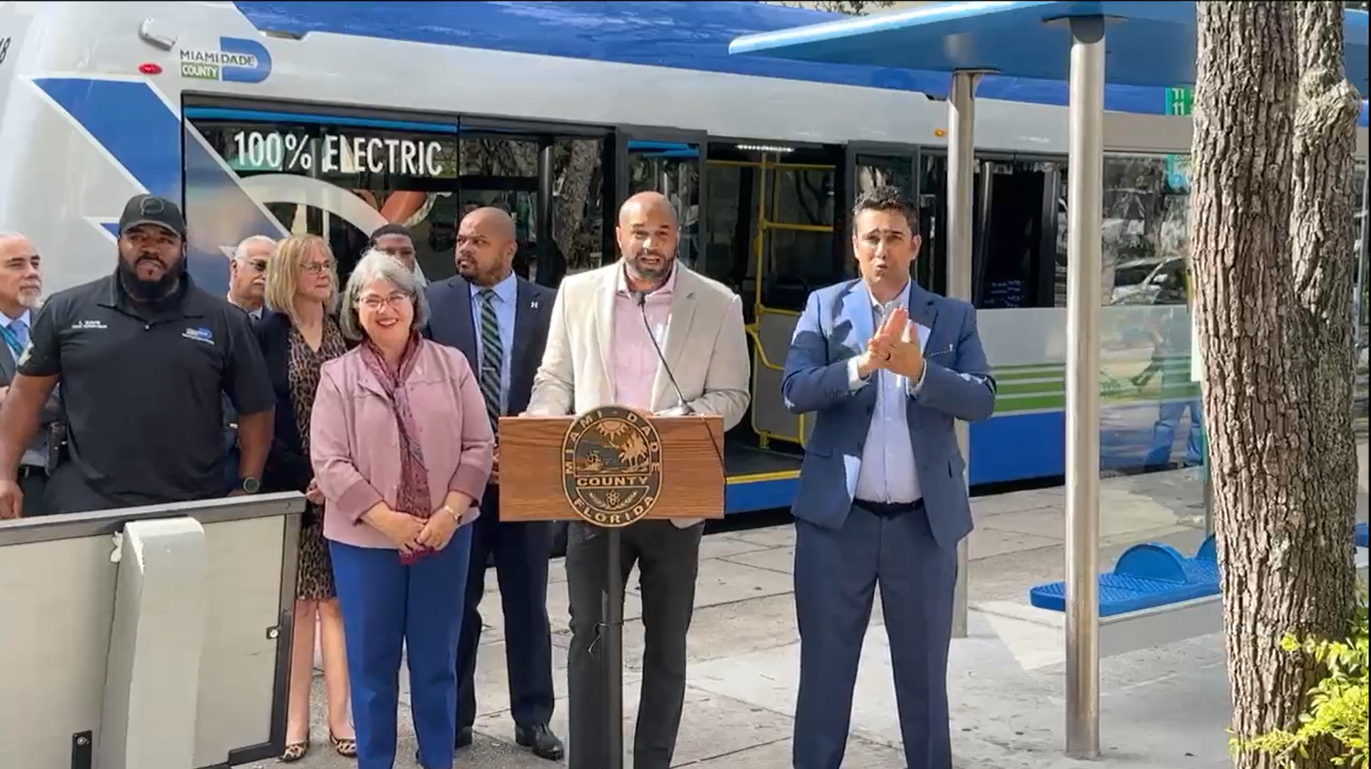DTPW Director and CEO Eulois Cleckley with Miami-Dade County Mayor Daniella Levine Cava, left, at an event launching a bus stop improvement initiative and introducing the county's newest electric bus.