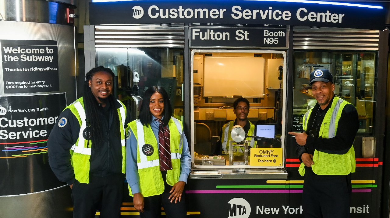 MTA New York City Transit President Richard Davey, Acting MTA Chief Customer Officer Shanifah Rieara and MTA Chief Accessibility Officer Quemuel Arroyo at Fulton Transit Center on March 28, 2023, where they announce the opening of more Customer Service Centers, along with the launch of a program to move Station Agents out of booths and into the stations.