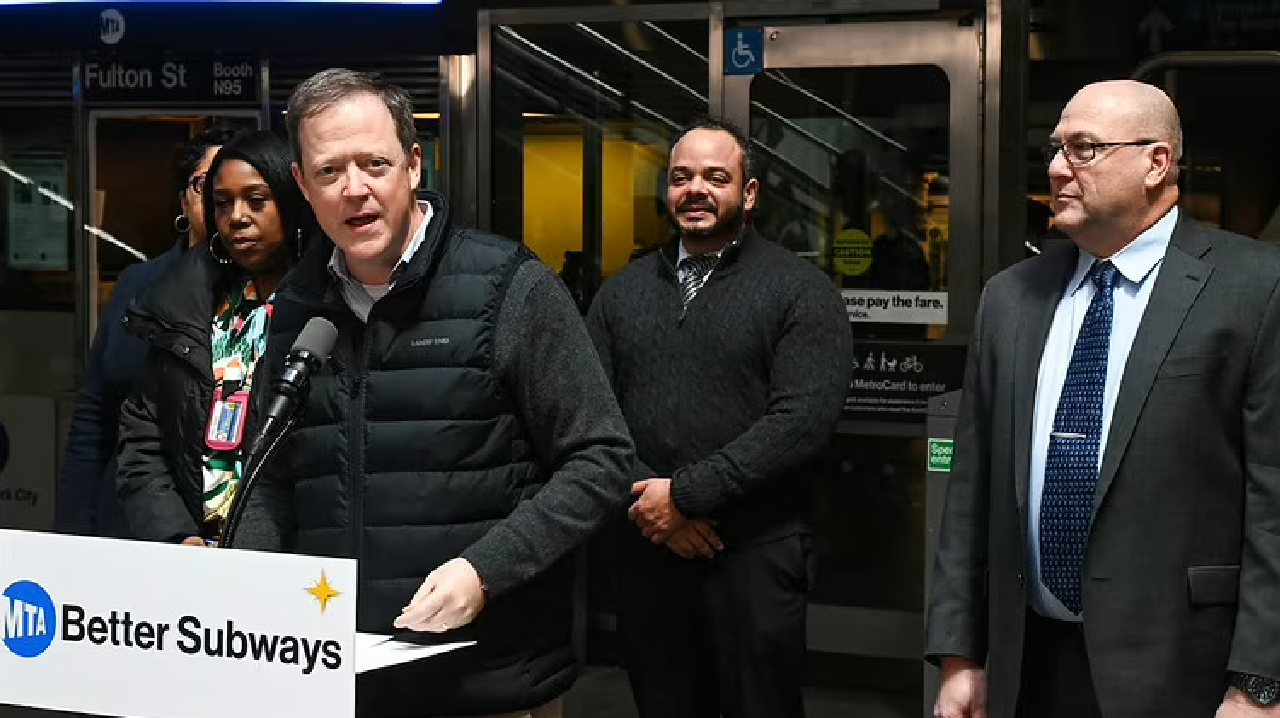 MTA New York City Transit President Richard Davey hosts a press conference at Fulton Transit Center on Mar. 8, 2023 along with Group Station Managers, to announce the reopening of additional subway station restrooms and to report favorable customer satisfaction surveys.