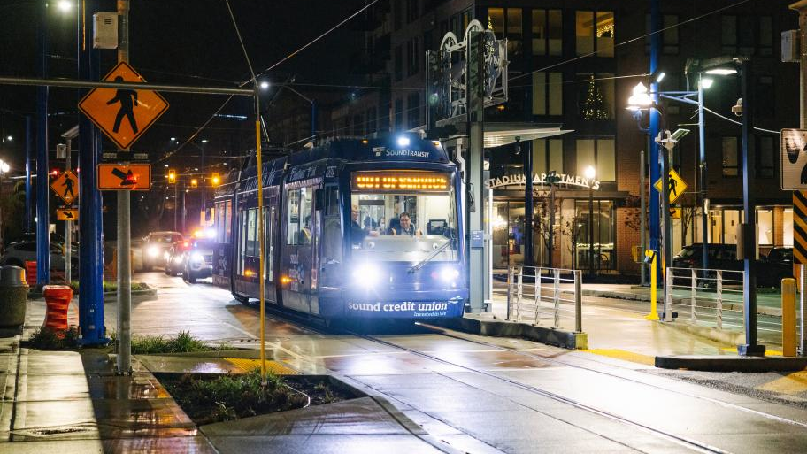A test train for the Hilltop Tacoma Link Extension operates along the project alignment in December 2022.
