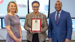 TSA Regional Security Director for Surface Operations Mary V. Leftridge Byrd, center, presents the TSA Gold Standard Award to JTA Chair Debbie Buckland, left, JTA CEO Nathaniel P. Ford at the JTA's March 30 board meeting. TSA Regional Security Director for Surface Operations Mary V. Leftridge Byrd, center, presents the TSA Gold Standard Award to JTA Chair Debbie Buckland, left, JTA CEO Nathaniel P. Ford at the JTA's March 30 board meeting.