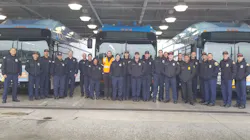 Firefighters pose with OCTA buses during a training on Feb. 24, 2023, to help ensure they can safely respond to incidents involving a bus. Firefighters pose with OCTA buses during a training on Feb. 24, 2023, to help ensure they can safely respond to incidents involving a bus.