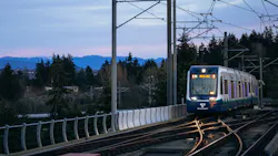 A Link train pulls into Tukwila International Boulevard Station during an evening commute. A Link train pulls into Tukwila International Boulevard Station during an evening commute.