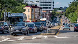 Traffic congestion on Columbus Ave in Jamaica Plain and Roxbury, with multiple MBTA buses stuck behind cars (2020). The authority has been working to install transit signal priority technology on strategic routes to speed bus movements. Traffic congestion on Columbus Ave in Jamaica Plain and Roxbury, with multiple MBTA buses stuck behind cars (2020). The authority has been working to install transit signal priority technology on strategic routes to speed bus movements.