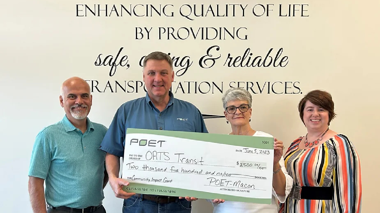 Pictured from left to right: Trever White, OATS Transit operations manager, Scott Tuttle, POET Bioprocessing general manager, Sheree Webb, OATS Transit regional director and Samantha Ratliff, OATS Transit operations manager.