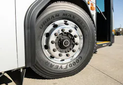The new Urban Max BSAEV tire from Goodyear was designed in partnership with Gillig and is the first Goodyear tire engineered specifically with low rolling resistance for EV transit and Metro buses to help extend range and handle the increased load capacity. The new Urban Max BSAEV tire from Goodyear was designed in partnership with Gillig and is the first Goodyear tire engineered specifically with low rolling resistance for EV transit and Metro buses to help extend range and handle the increased load capacity.