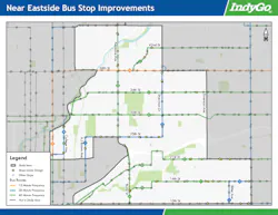 Map of IndyGo's Near Eastside bus stop improvements. Map of IndyGo's Near Eastside bus stop improvements.