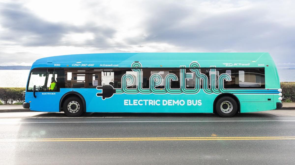 File photo of a BC Transit electric demo bus. BC Transit will purchase up to 115 battery electric buses and install 134 charging points with funding provided by the government of Canada and the government of British Columbia.