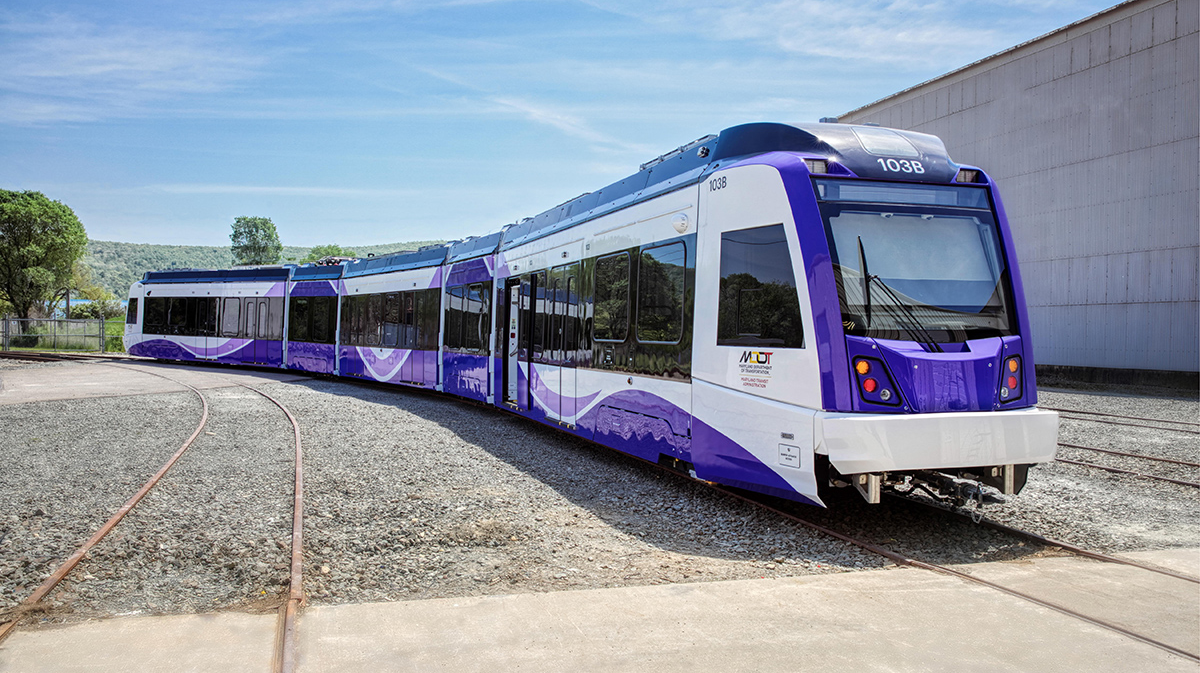 File photo of a Purple Line light-rail vehicle in testing at the production facility.