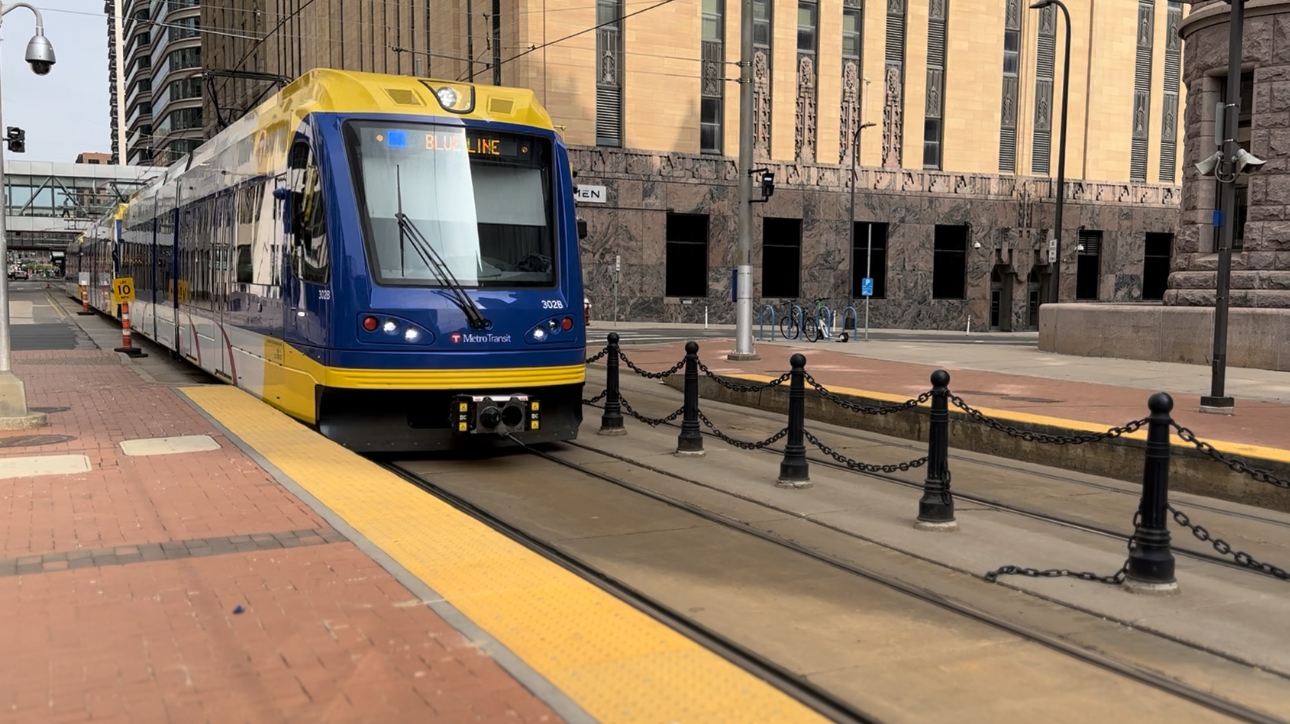 A Metro Transit Blue Line train in downtown Minneapolis, Minn.
