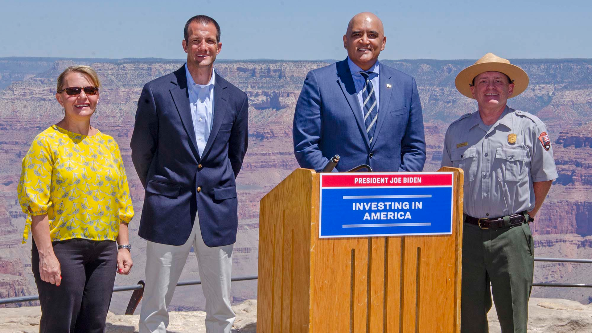 Left to right: Tusayan Mayor Clarinda Vail, Deputy Assistant Secretary for Fish and Wildlife and Parks Matt Strickler, Federal Highways Administrator Shailen Bhatt, and Grand Canyon National Park Superintendent Ed Keable during the July 6 announcement.