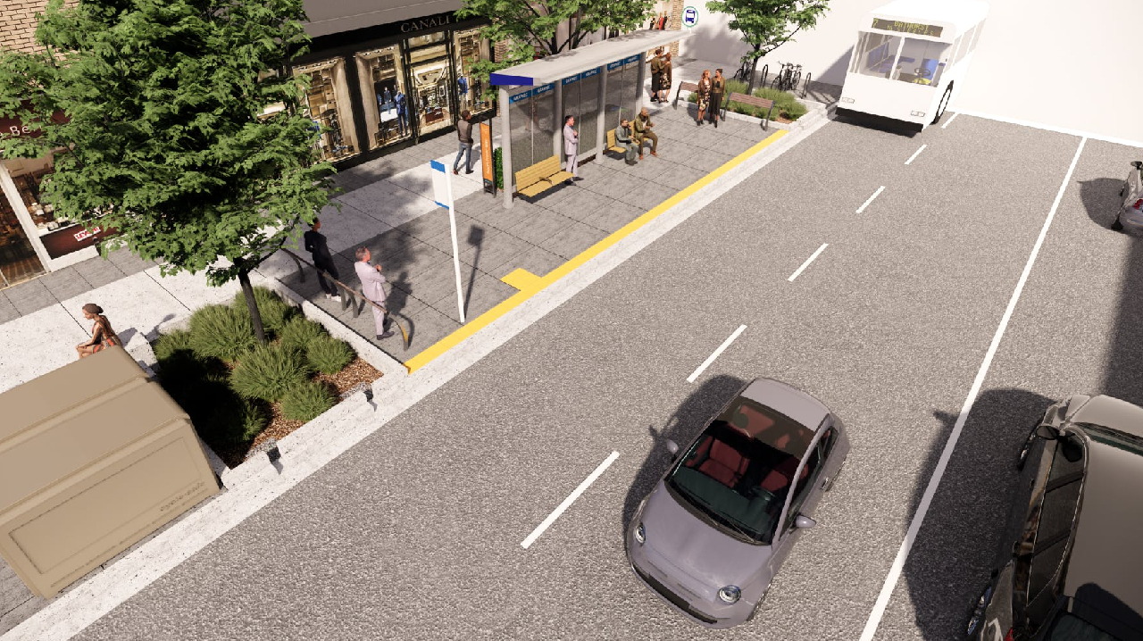 Sidewalk view of the Montrose Avenue Transit Exchange.