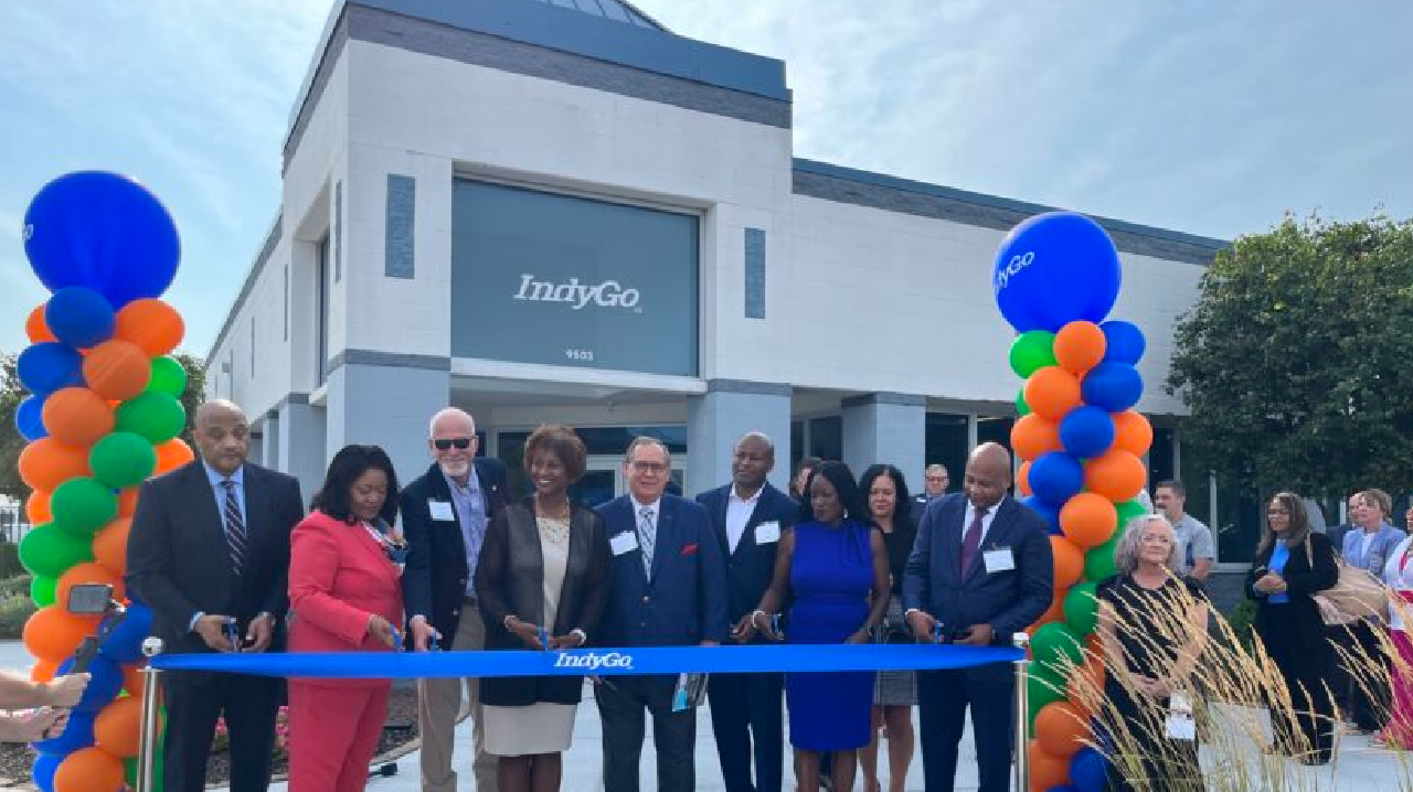 From left to right: Congressman Andr&eacute; Carson (D-IN), IndyGo President and CEO Inez Evans, IndyGo Board of Directors Treasurer Richard Wilson, FTA Administrator Nuria Fernandez, IndyGo Board of Director Chair Gregory Hahn, Councillor Vop Osili, Councillor La Keisha Jackson and IndyGo Board of Director Vice Chair Adairius Gardner