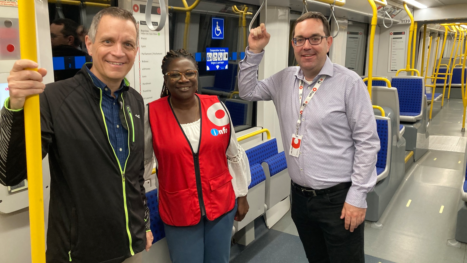 Left to right: Ottawa Mayor Mark Sutcliffe, General Manager Ottawa Transit Services Department Renee Amilcar and OC Transpo Chair Glen Gower - Councilor - Stittsville, ride OC Transpo Line 1 Aug. 8 for the partial service return between Tunney&rsquo;s Pasture and uOttawa stations. Full service on Line 1 returned Aug. 14.