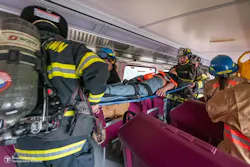 Simulating a real-world event, this drill included a scenario in which passengers are injured and in need of evacuation. Simulating a real-world event, this drill included a scenario in which passengers are injured and in need of evacuation.