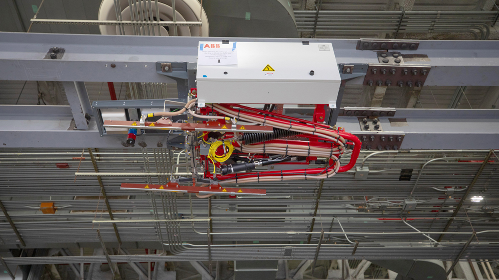 One of 15 overhead chargers installed at MTA's Queens bus depot as part of a multi-year project to support the addition of 60 battery electric buses to MTA's network.