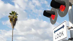 A grade crossing in California reminds pedestrians to look both ways. A grade crossing in California reminds pedestrians to look both ways.