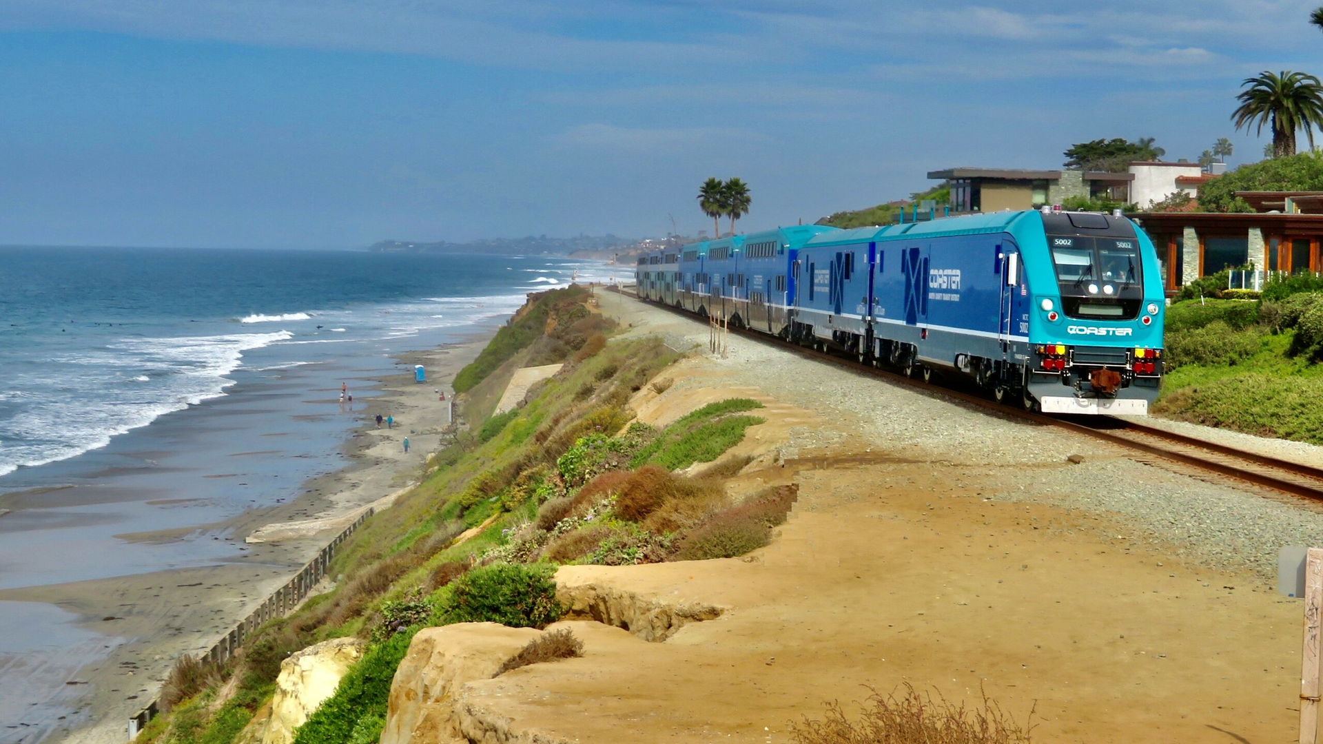 A Coaster train moving through Del Mar, Calif. NCTD has been awarded a state grant that will support its efforts to mitigate the impacts of sea level rise and extreme weather conditions.