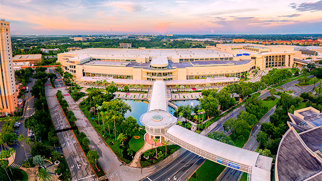 Aerial view of the Orange County Convention Center West Concourse where APTA TRANSform and EXPO will return for its 2023 event.