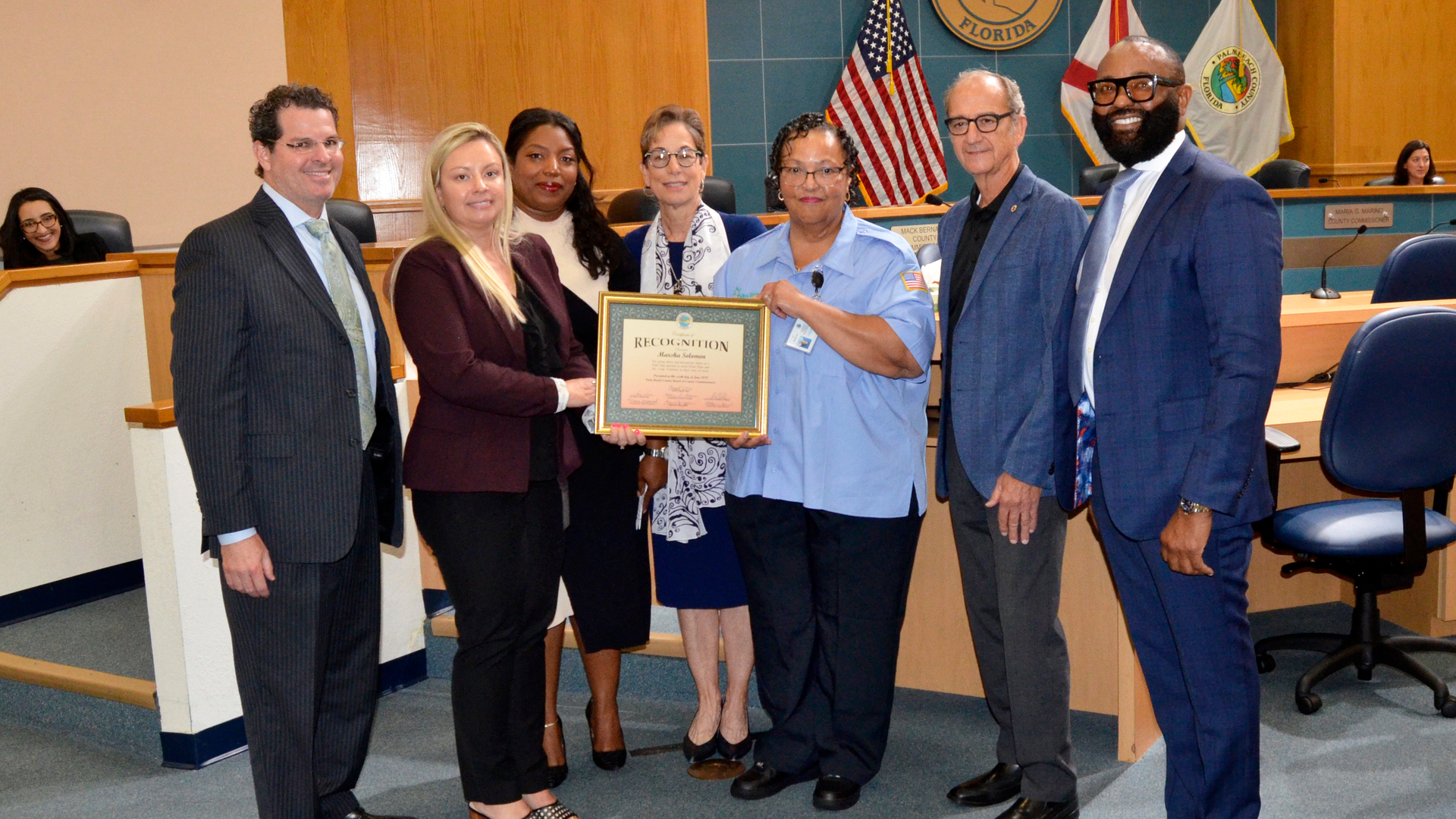 Left to right: Assistant County Administrator Todd J. Bonlarron, County Commissioner Sara Baxter, Ladi March-Goldwire, County Commissioner Maria G. Marino, Palm Tran Bus Operator Marsha Solomon, ATU Local 1577 President Dwight Mattingly and Palm Tran Executive Director Clinton B. Forbes.