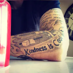 Mike Bismeyer shares the mantra that 'kindness is cool;' he even has the message inked on his arm. Mike Bismeyer shares the mantra that 'kindness is cool;' he even has the message inked on his arm.
