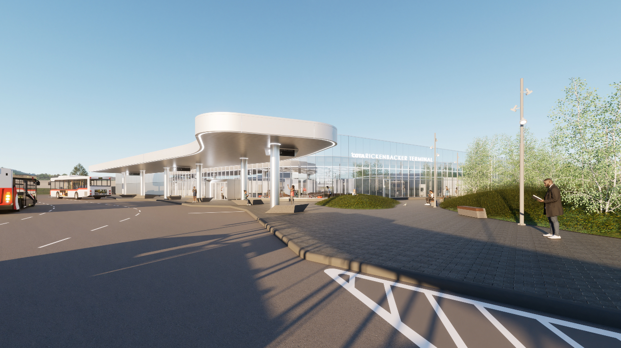 A rendering of the outside of COTA's mobility center at Rickenbacker.