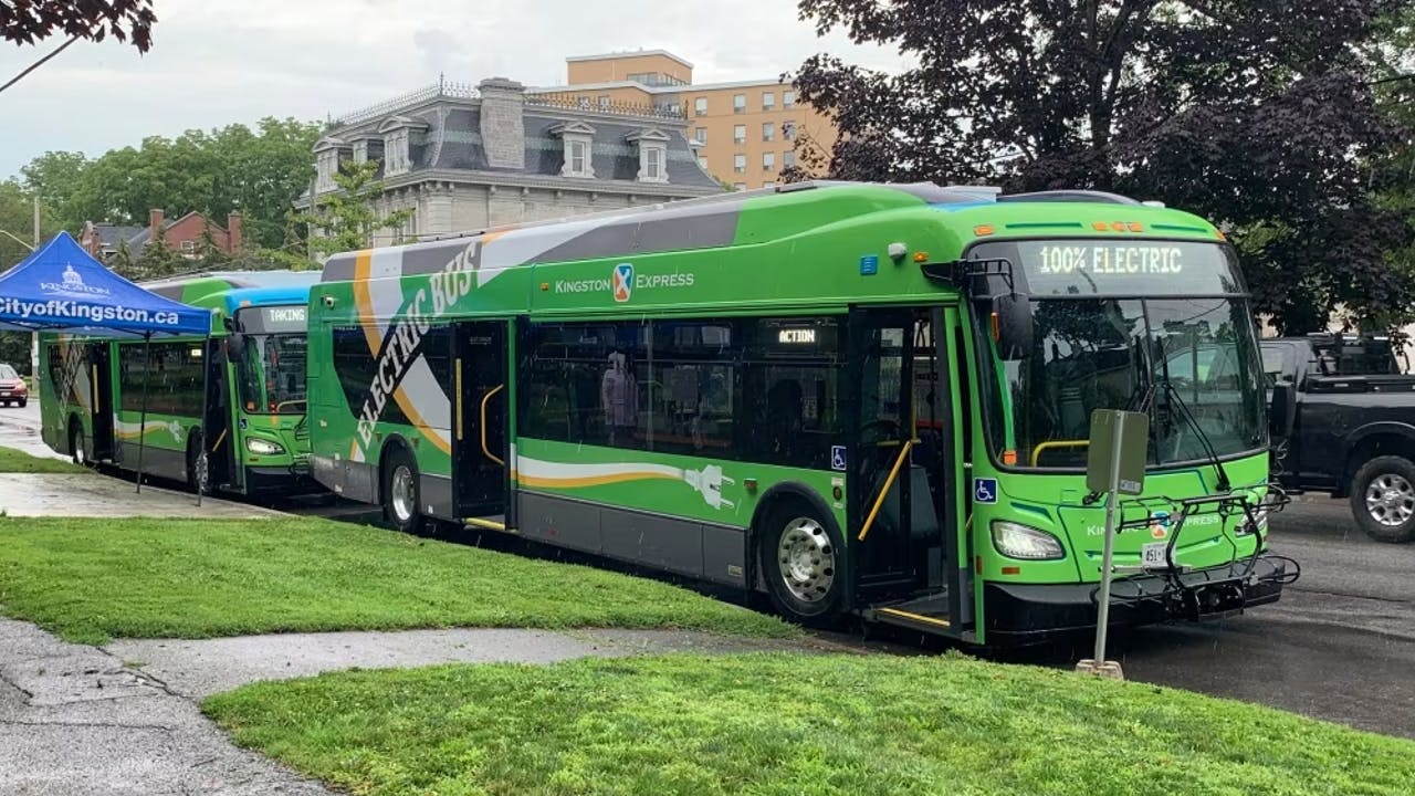 Two EV buses from the Kingston Transit fleet.