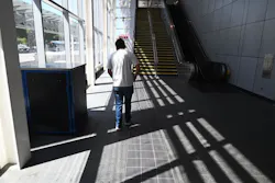 BART intern Erik Huizar studies the tactile guideway at Union City Station on Sept. 6, 2023. BART intern Erik Huizar studies the tactile guideway at Union City Station on Sept. 6, 2023.