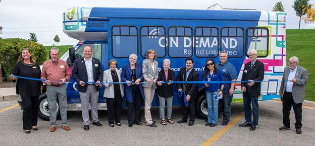 Left to right: Village of Grayslake Trustee Elizabeth Davies, Lake County Board Member Kevin Hunter, Lake County Board Member Adam Schlick, Pace Executive Director Melinda Metzger, Pace Board Member Linds Soto, Lake County Board Chair Sandy Hart, RTA Board Member Pat Carey, Lake County Board Member Esiah Campos, Village of Round Lake Beach Trustee Martha Ibarra, Village of Round Lake Beach Mayor Scott Nickles, Lake County Board Member John Wasik and Pace Board Member Bill McLeod. .