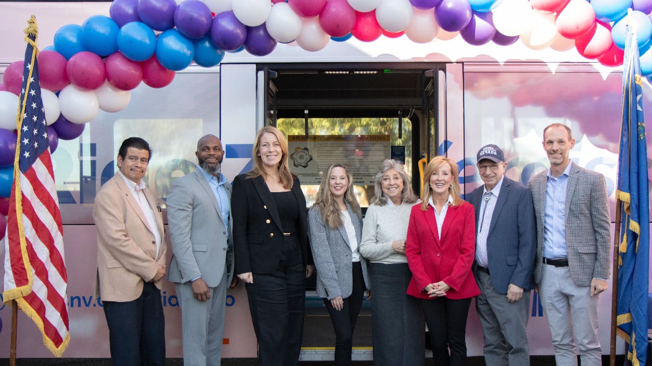 From left to right: RTC Vicechair and North Las Vegas Councilman Isaac Barron; Director of Nevada Governor's Office of Energy, Dwayne McClinton; Vice President of Integrated Energy Services at NV Energy, Marie Steele; Rep. Dina Titus (D-NV); Nevada Conservation League Executive Director, Kristee Watson; RTC CEO M.J. Maynard; Boulder City Mayor Joseph Hardy; RTC Board Chair and Clark County Commissioner Justin Jones