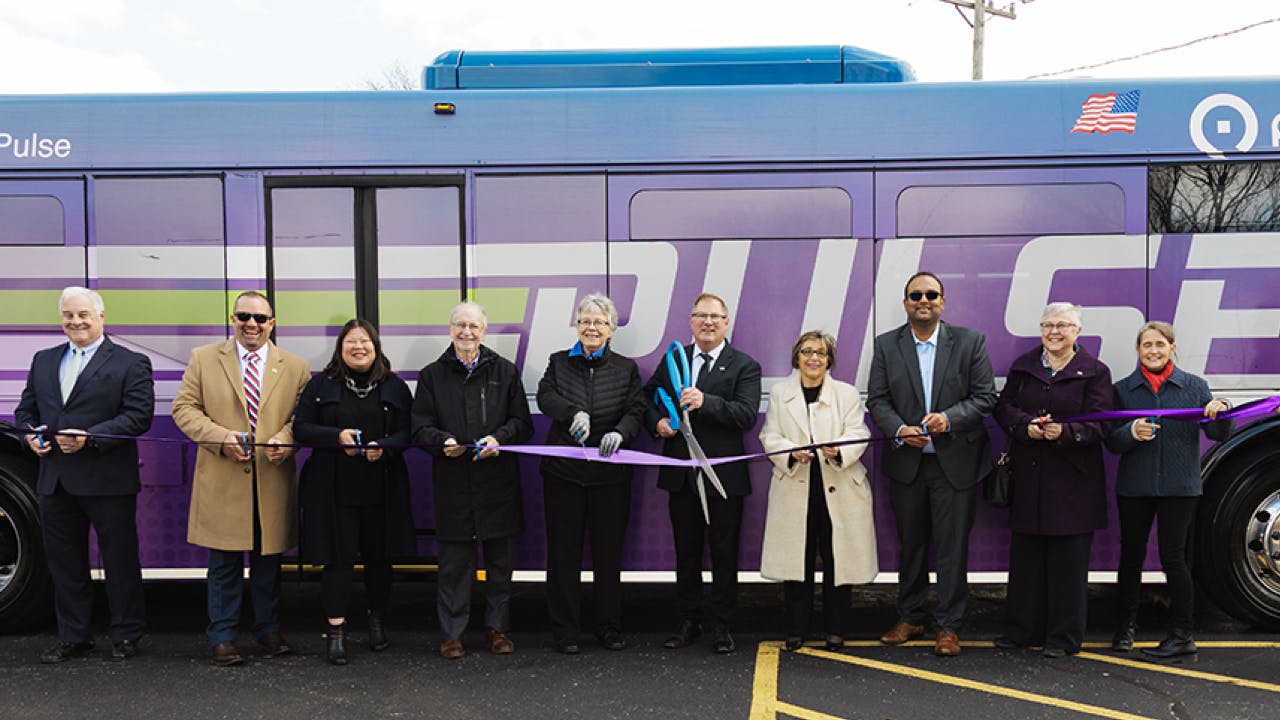 From left to right: Pace Director Chris Canning, Pace Director David Guerin, Cook County Commissioner Josina Morita, Skokie Mayor George Van Dusen, Cook County Commissioner Maggie Trevor, Pace Chairman Rick Kwasneski, Pace Executive Director Melinda Metzger, Sen. Ram Villivalam (D-IL-8), Pace Director Linda Soto, Rep. Michelle Mussman (D-IL-56)